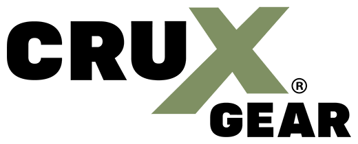 Crux Gear Logo in black text with an olive green signature cross, helping climbers and athletes maximize their grip strength.