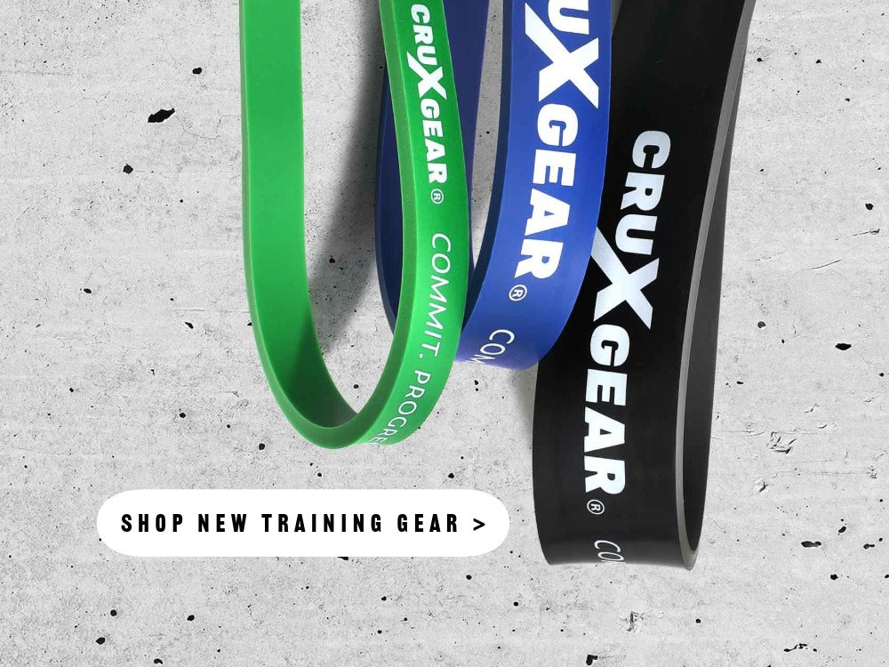 A set of 3 latex Pull Up Resistance Bands by Crux Gear, showing a slogan "Commit. Progress. Repeat".